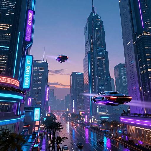 Neon-lit futuristic cityscape at dusk with towering skyscrapers, flying cars, and vibrant blue, purple, and pink LED signs, ev
