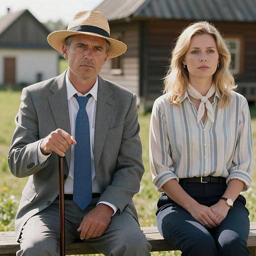 Man and woman sitting outdoors in rural setting