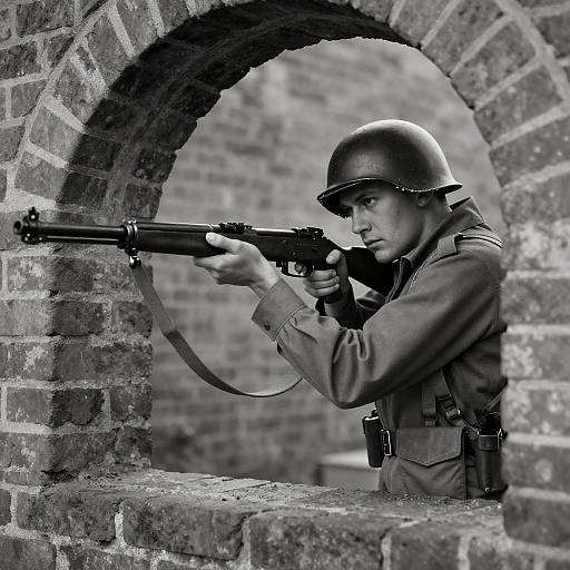 WWII Soldier Aiming Through Archway