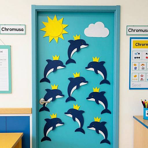 Photograph of a bright blue classroom door decorated with yellow sun, white cloud, and nine black-and-white paper dolphins with yellow crowns, labeled 