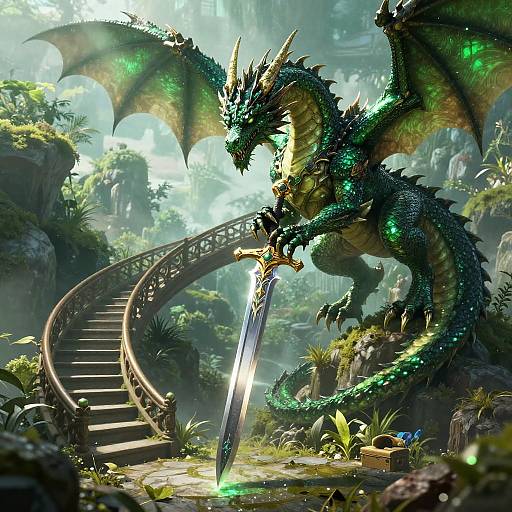 Digital fantasy artwork: A majestic green dragon with glowing scales and large wings gazes at a shining sword on a curved, stone staircase in a lush,