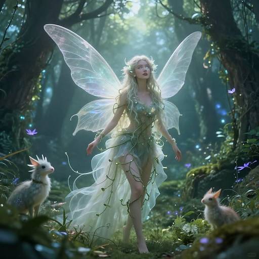 Photorealistic digital art of a fairy with translucent wings, wearing a green, leafy dress, surrounded by ethereal forest, two small deer,