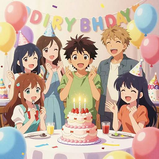 Anime-style birthday celebration: six cheerful kids with colorful party hats, candles lit, balloons, 