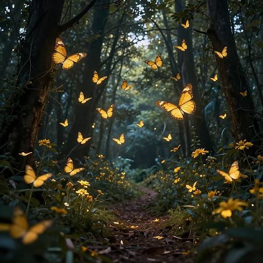 Golden Butterflies in Twilight Forest
