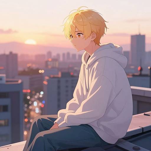 Anime Guy on Rooftop at Sunset