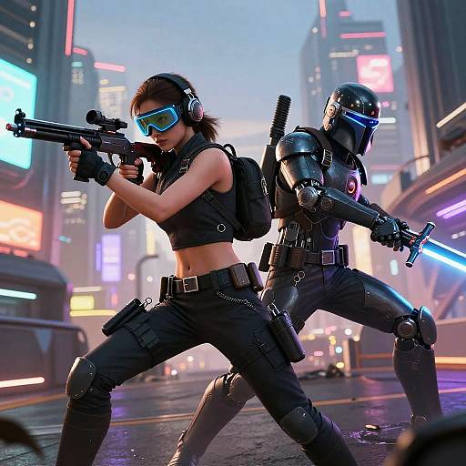 Digital artwork of two female gun-wielding agents in futuristic black tactical gear, neon cityscape background, one with visor and cybernetic arm.