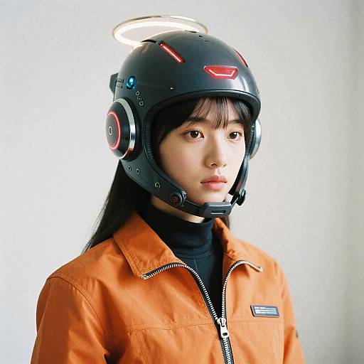 Photograph of an Asian woman with long black hair, wearing a black futuristic helmet with a halo, red lights, and orange jacket, against a white