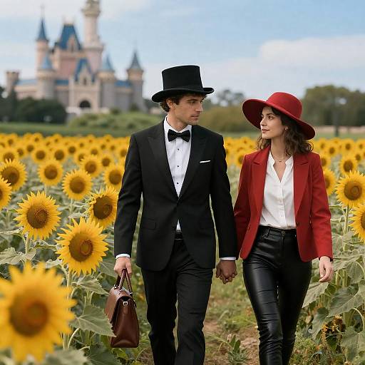 Couple in Sunflower Field with Castle