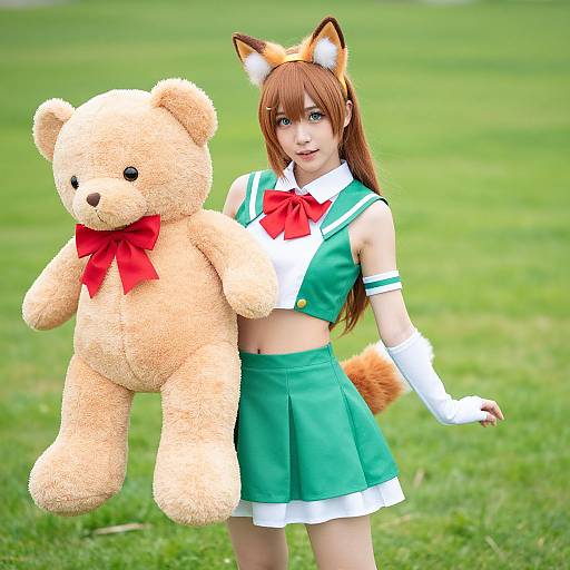 Annie Cosplay with Teddy Bear Outdoors