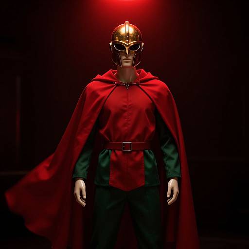 Photorealistic CGI of a superhero mannequin in a red cape, black suit, and yellow helmet with red glowing light behind.