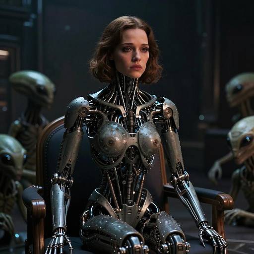 Photograph-style CGI of a woman with a silver robotic body, seated on a chair, surrounded by alien-like creatures in a dark, futuristic setting.