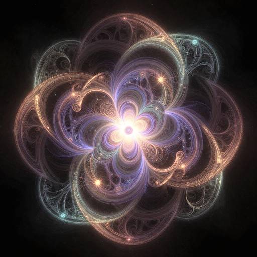 Digital artwork of a glowing, multicolored, swirling floral pattern with intertwined loops and bright white center, set against a dark background.