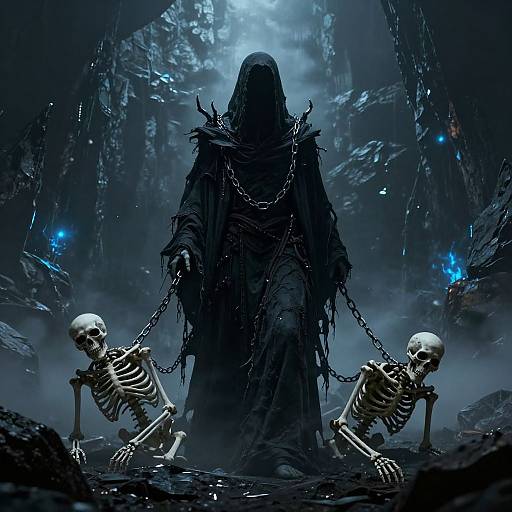 Gothic digital art: Dark hooded figure with chains, standing between two chained skeletons, in a blue-lit, rocky, eerie cave.