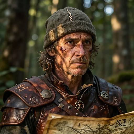 Weathered Adventurer in Forest Light