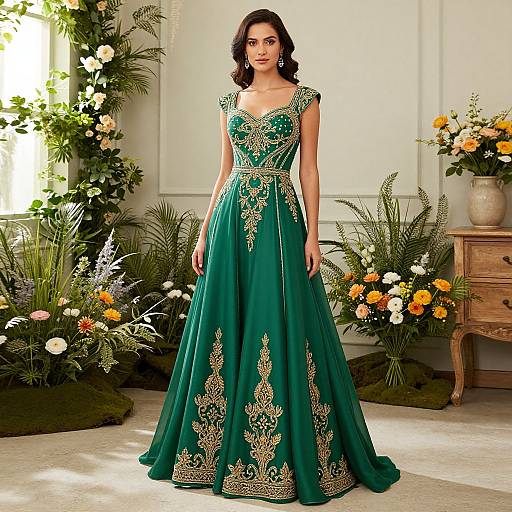 Photograph of a woman in an elegant, green, full-length gown with gold embroidery, standing in a sunlit room with floral arrangements and greenery