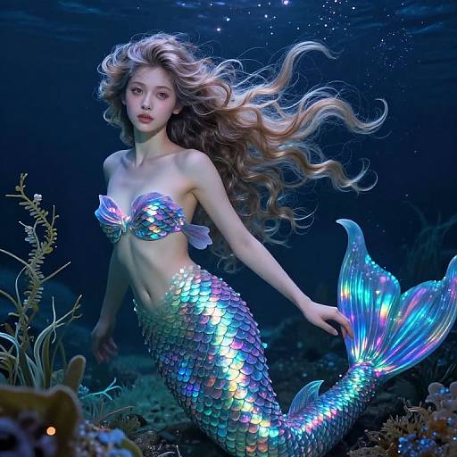 Digital art of a beautiful, ethereal mermaid with long, flowing hair, shimmering blue and purple scales, and a translucent fin, floating in
