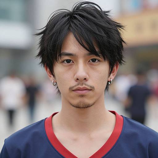 Photograph of an Asian man with black, tousled hair, small goatee, earrings, and red-trimmed navy shirt, blurred city background