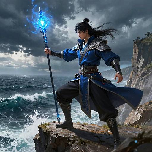 Elegant Warrior Mage on Stormy Cliff