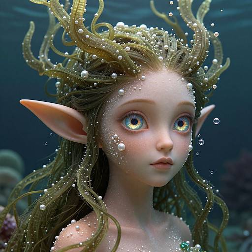 Digital fantasy artwork of an underwater elf with glowing blue eyes, large pointed ears, and flowing green hair adorned with bubbles and golden seaweed.