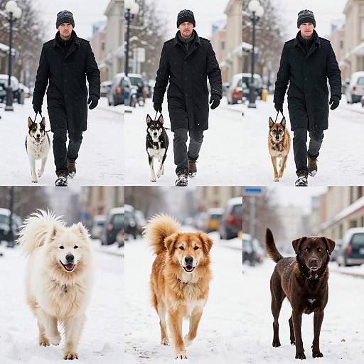 Photograph of four men in black winter coats walking six dogs on a snowy urban street; top row black and white dogs, bottom row white, orange