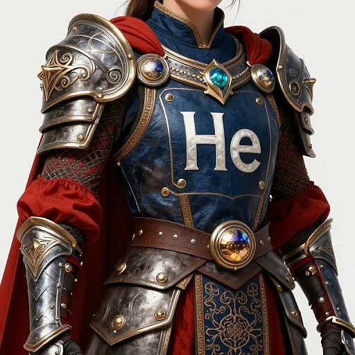 Photograph of a fantasy character in detailed, silver armor with blue and red accents, a blue chest plate with 