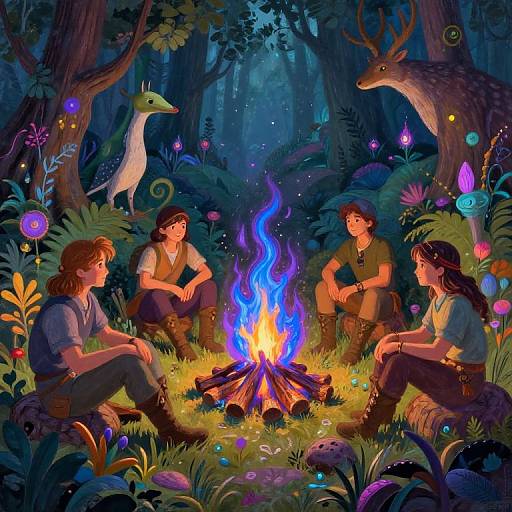Digital illustration of four young people sitting around a glowing blue campfire in a vibrant, magical forest with glowing plants and a deer.