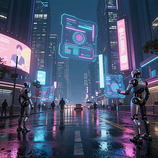 Futuristic Cyberpunk City with Robots and Holograms