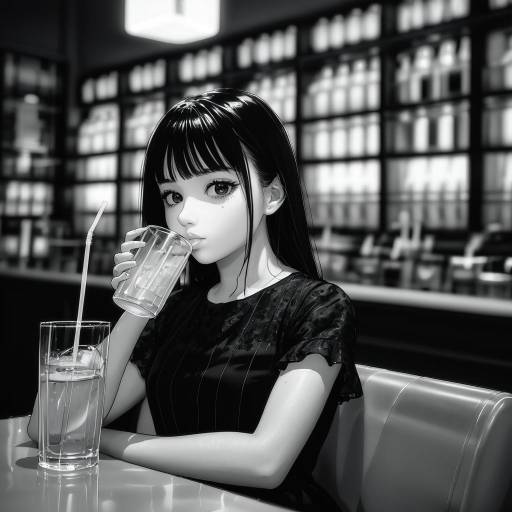 Anime Girl Drinking Water in Café