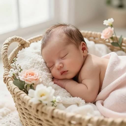 Photograph of a sleeping newborn baby with light skin, brown hair, and pink blanket, nestled in a wicker basket filled with white flowers and soft
