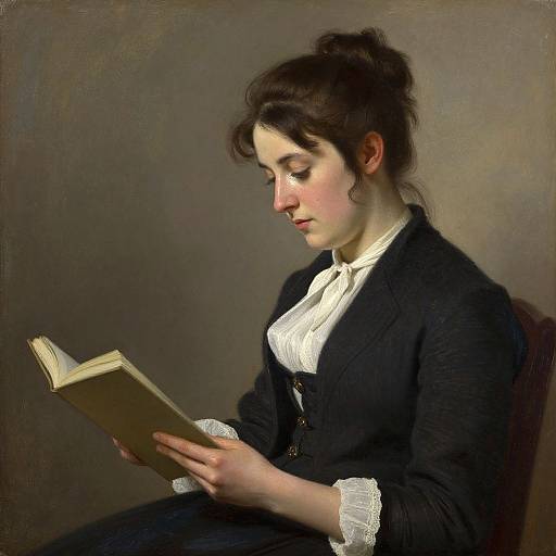 Oil painting of a young woman with fair skin and dark hair in an updo, wearing a black dress with white lace, reading a book against a