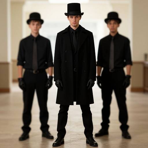 Photograph of a young man in a black coat, top hat, and gloves, flanked by two blurred, similarly dressed men, standing in a