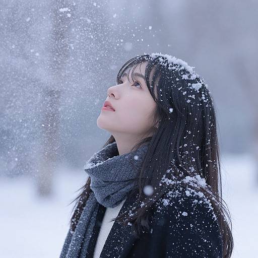 Photograph of an Asian woman with long black hair, wearing a gray scarf and black coat, looking up at falling snow. Snowflakes on her