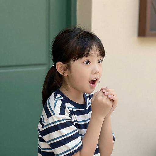 Wide-eyed Girl with Ponytail Against Wall