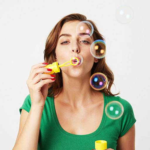 Photograph of a brown-haired woman in a green shirt blowing a yellow bubble wand, with several colorful bubbles around her face.