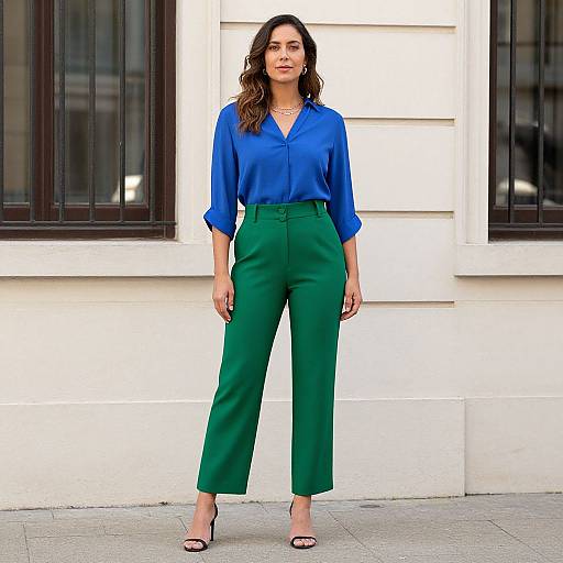 Photograph of a woman with wavy brown hair, wearing a blue blouse, green high-waisted pants, and black open-toe heels,