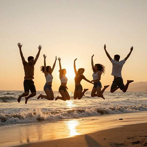 Friends Leaping at Sunset Beach