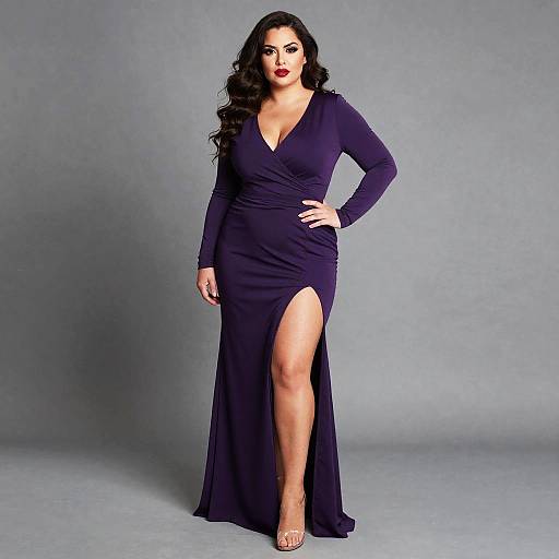 Photograph of a curvy woman with long black hair, wearing a deep purple, long-sleeve, V-neck, high-slitted gown,