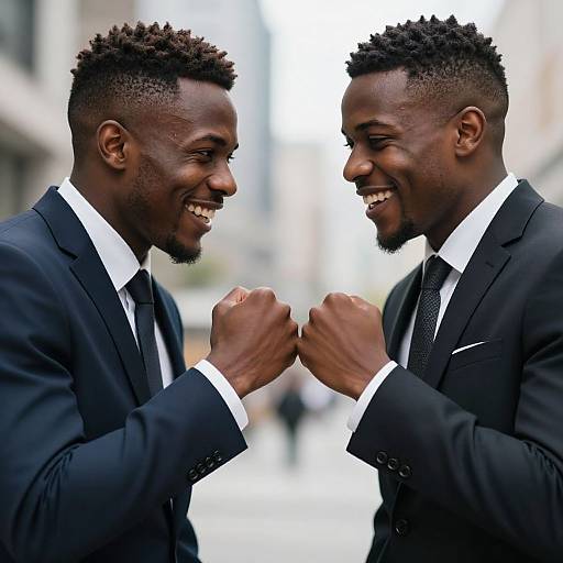 Photograph of two smiling, dark-skinned men with short, curly hair, wearing black suits and white shirts, fist-bumping in an urban street