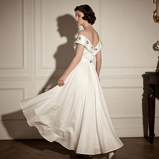 Vintage photograph of a woman in a white, off-shoulder, satin dress, standing against a white paneled wall, shadow cast on the wall