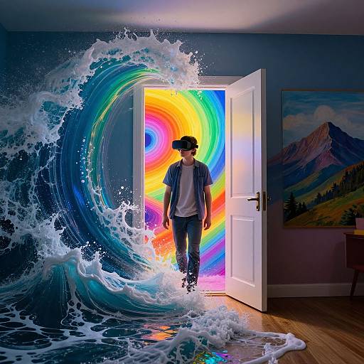 Photograph of a man in a blue shirt and jeans walking through a door with a vibrant rainbow aura, surrounded by a massive, colorful ocean wave in