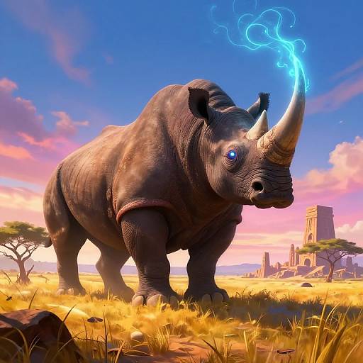 Digital artwork: A powerful rhinoceros with glowing blue eye and lightning-emitting horn stands in a vibrant, sunlit savannah with ruins and