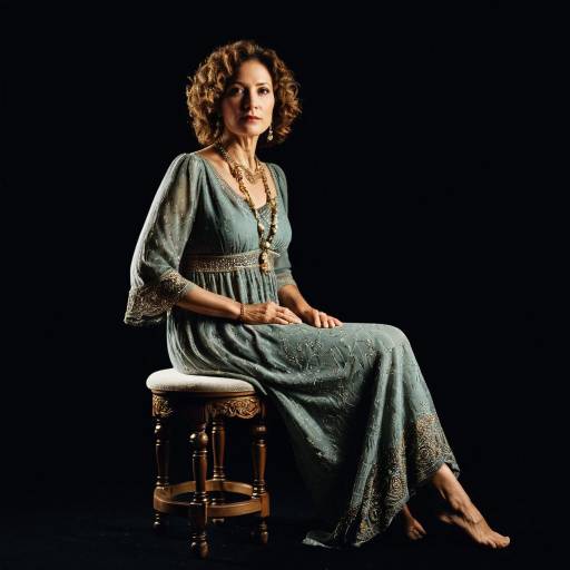 Elegant Middle-Aged Woman in Ornate Dress Sitting on Stool