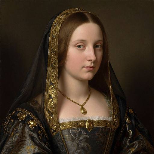 Digital painting of a pale-skinned, brown-haired Renaissance woman in a black velvet gown with gold embroidery, veil, and necklace, against a dark background