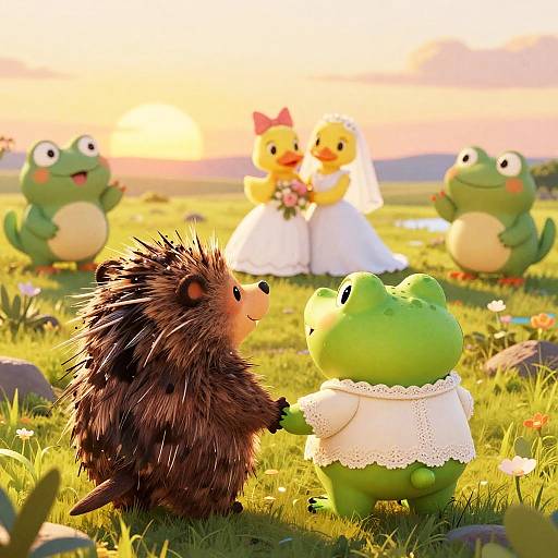 CGI image of a green frog and brown hedgehog in white wedding attire, watching a yellow chick and duck couple in white dresses against a sunny,