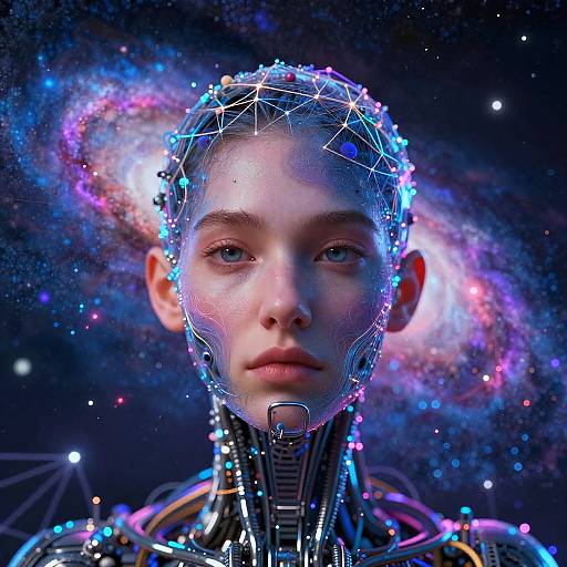 CGI portrait of a young, androgynous robot-human hybrid with a glowing, geometric headframe against a cosmic background of vibrant galaxies and stars
