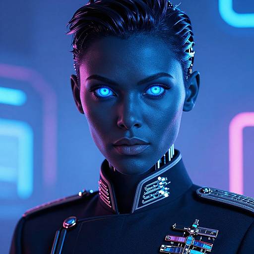 Photorealistic digital artwork of a stern, blue-lit, cyber-enhanced woman with glowing eyes, wearing a dark military uniform adorned with medals,