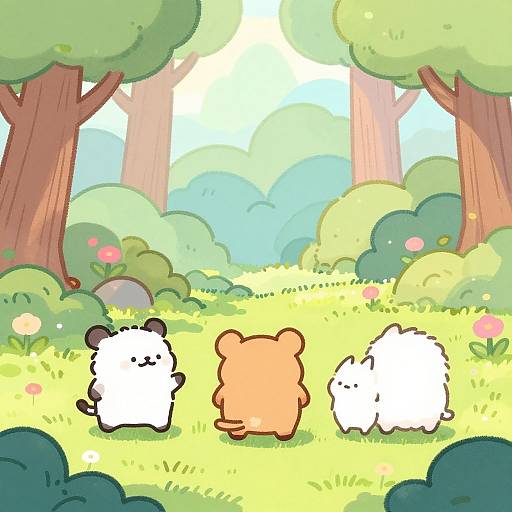 Cute digital drawing of three fluffy, cartoon-style bears in a sunny forest clearing with green bushes, tall trees, and colorful flowers.