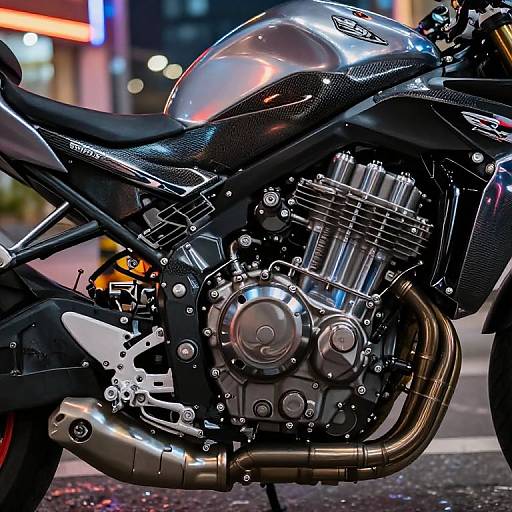 Photograph of a sleek, silver motorcycle engine with polished chrome components, black textured seat, and shiny exhaust pipe, set against a blurred urban night background