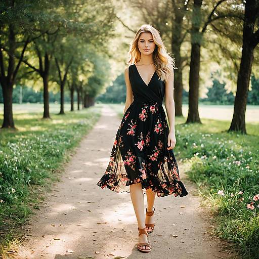Woman in Floral Dress Walking in Park