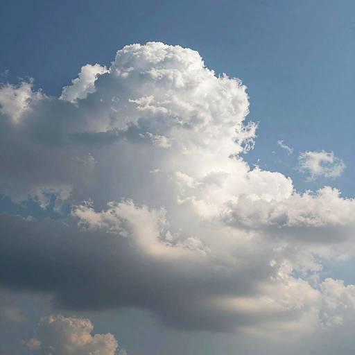 Photograph of a bright, white cumulus cloud illuminated by the sun, against a deep blue sky with scattered, darker clouds.
